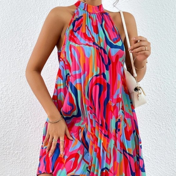 Trends Now! Contemporary Print Tie Back Halter Pleated Mini Dress - Picture 4 of 5